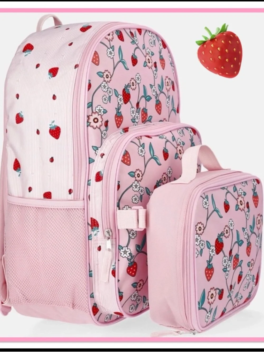 Pink Strawberry Backpack and Lunch Bag Set